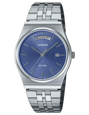 Casio – Style classique en fond bleu et bracelet en acier inoxydable argenté avec dateur pour hommes – MTP-B146D-2AV