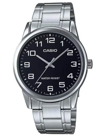 Casio – Montre classique au fond noir et index chiffres arabes blancs pour hommes – Bracelet en acier inoxydable argenté – MTP-V001D-1B Casio – Montre classique au fond noir et index chiffres arabes blancs pour hommes – Bracelet en acier inoxydable argenté – MTP-V001D-1B