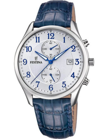 Festina – Montre pour hommes – Chronographe – Bracelet en cuir bleu – F6855/A