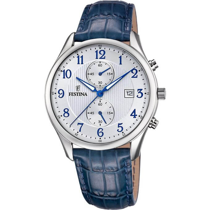 Festina – Montre pour hommes – Chronographe – Bracelet en cuir bleu – F6855/A