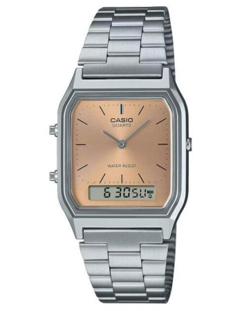 Casio – Montre fond couleur saumon – Double montre numérique/analogique – Bracelet en acier inoxydable – AQ-230A-4AMQY Casio – Montre fond couleur saumon – Double montre numérique/analogique – Bracelet en acier inoxydable – AQ-230A-4AMQY