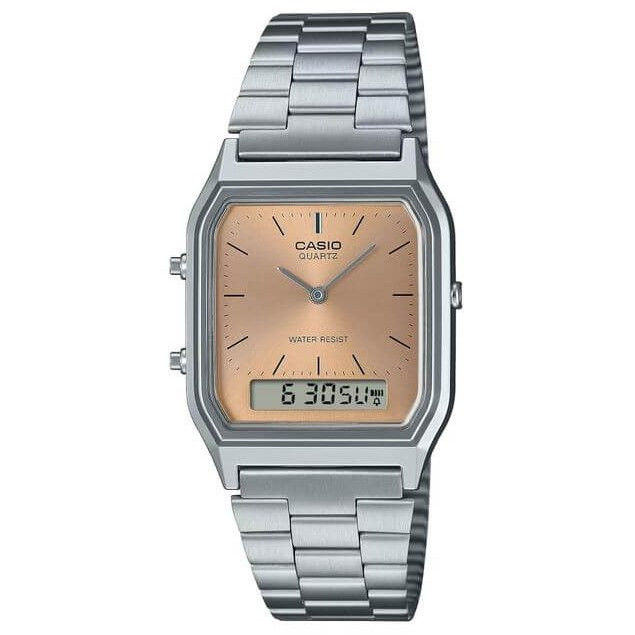Casio – Montre fond couleur saumon – Double montre numérique/analogique – Bracelet en acier inoxydable – AQ-230A-4AMQY
