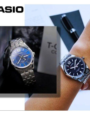 Casio – Au fond bleu texturé avec dateur sur 3h et tout en acier inoxydable pour hommes – MTP-1335D-2AVDF