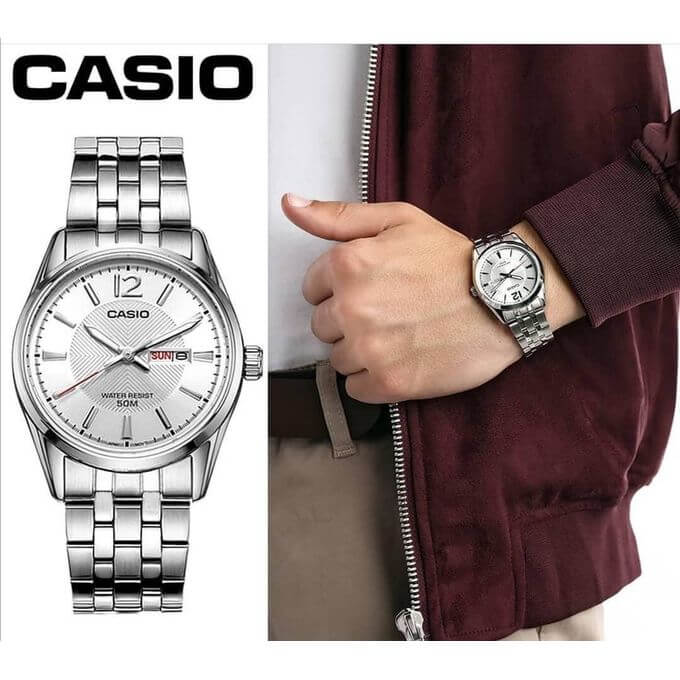 Casio – Modèle classique pour hommes au fond texturé argenté avec dateur sur 3h et étanchéité 50 m – MTP-1335D-7AVDF