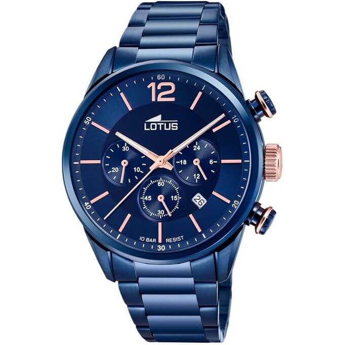 Lotus – Chronographe en acier inoxydable bleu pour hommes – Étanche 100 m avec dateur – 18680/2
