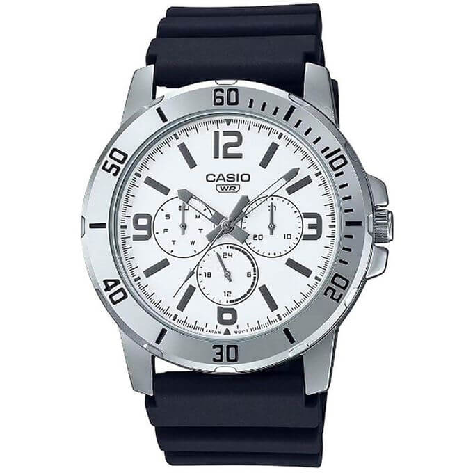 Casio – Montre en bracelet résine noir – Argentée cadran blanc – Étanche – MTP-VD300-7B