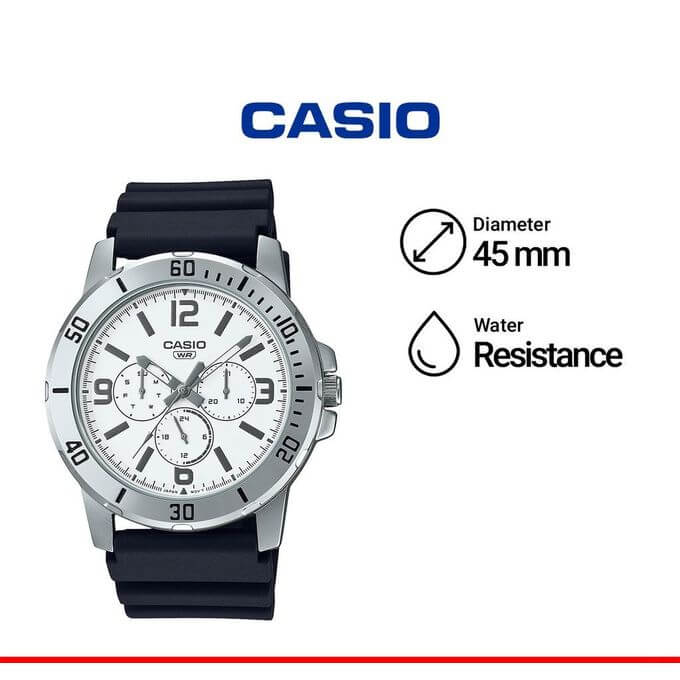 Casio – Montre en bracelet résine noir – Argentée cadran blanc – Étanche – MTP-VD300-7B