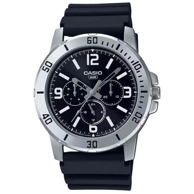 Casio – Montre en bracelet résine noir – Étanche – Argentée cadran noir – MTP-VD300-1B