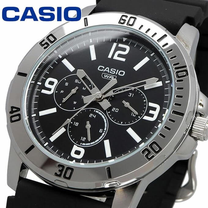 Casio – Montre en bracelet résine noir – Étanche – Argentée cadran noir – MTP-VD300-1B