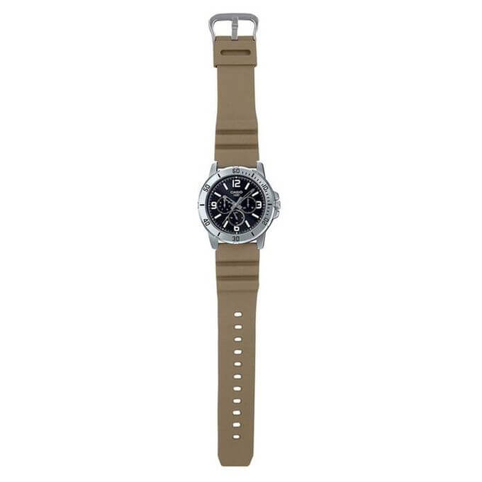 Casio – Montre en bracelet résine beige – Étanche – Argentée cadran noir – MTP-VD300-5B