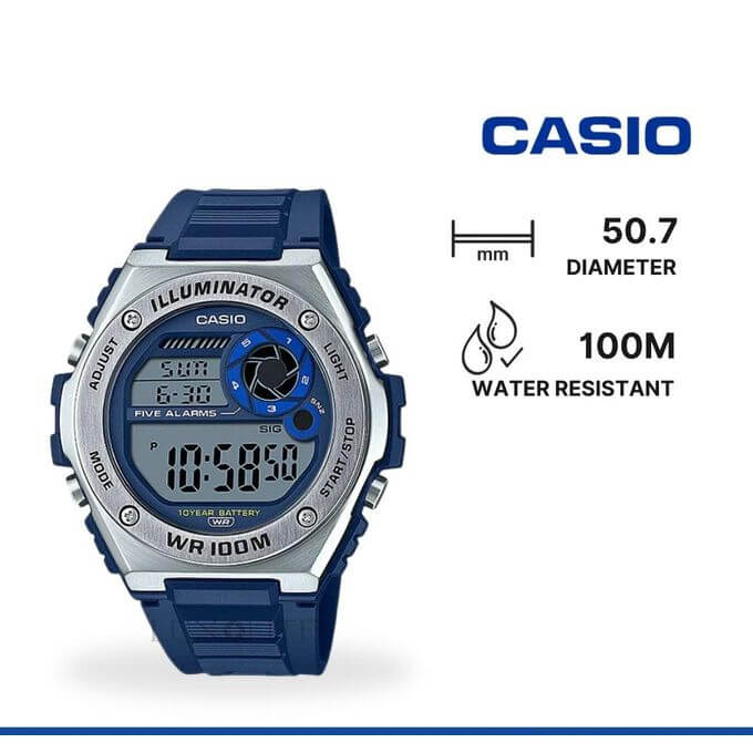 Casio – Bracelet en résine bleu & Autonomie de batterie de 10 ans – Étanchéité 100 mètres – MWD-100H-2AV