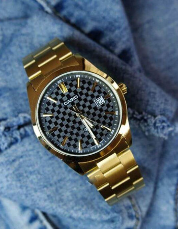 Casio – Montre dorée, cadran noir et index dorés pour hommes – Afficheur de date – Tout en acier inoxydable – MTP-VD03G-1A Casio – Montre dorée, cadran noir et index dorés pour hommes – Afficheur de date – Tout en acier inoxydable – MTP-VD03G-1A