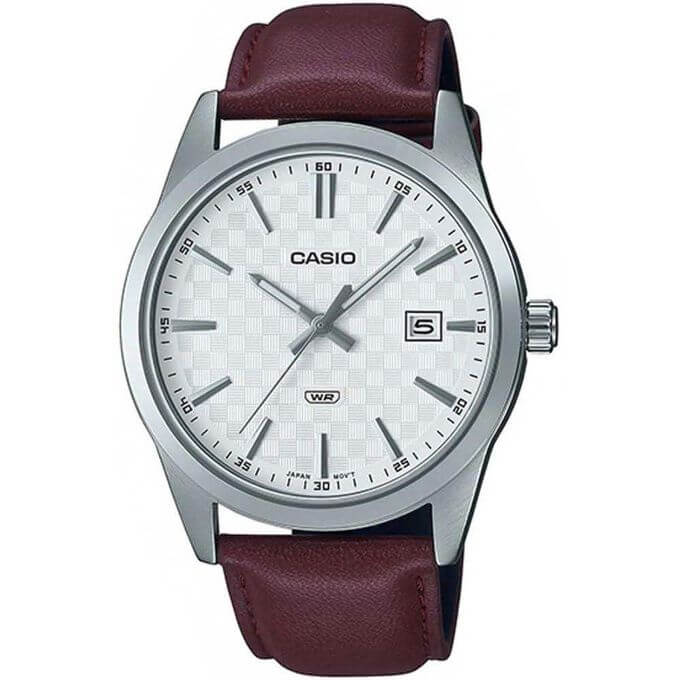 Casio – Montre classique en bracelet cuir marron pour hommes – Fond blanc avec dateur – MTP-VD03L-5A