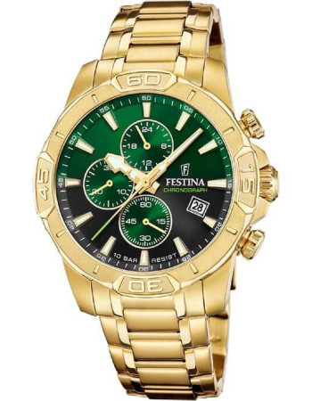 Festina – Montre dorée avec fond vert pour hommes – Étanche 100 m – Diamètre boîtier 45 mm – F20705/6