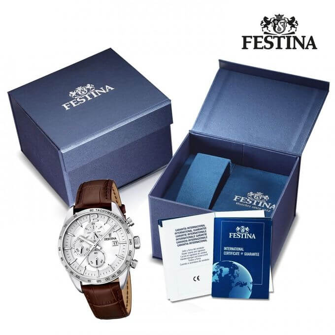Festina – Chronographe en bracelet cuir marron pour hommes – Avec dateur – Étanche 50 m – F16760/1