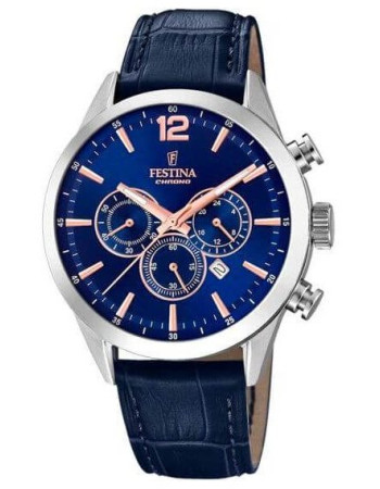 Festina – Montre chronographe bleu en bracelet cuir bleu – Index bronze – Étanche 50 m – F20542/4