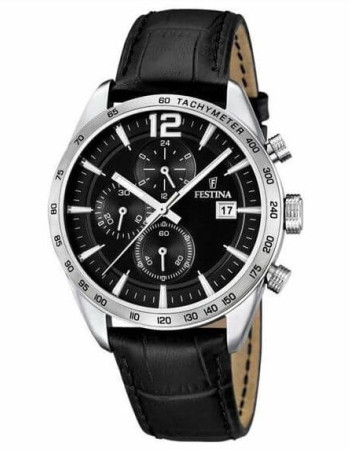 Festina – Pour hommes en bracelet cuir noir – Chronographe – Avec dateur et bracelet cuir noir – F16760/4