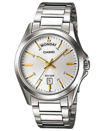 Casio – Fond blanc avec index tirets en doré – des jours et des mois – Étanchéité de 50 mètres – MTP-1370D-7A2VDF