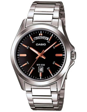 Casio – Fond noir avec index et tiret en bronze. Indicateur de date, jour/mois. Étanchéité de 50 mètres. – MTP-1370D-1A2