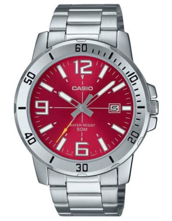 Casio – Fond rouge cramoisi avec dateur pour hommes – Tout en acier inoxydable – MTP-VD01D-4BV