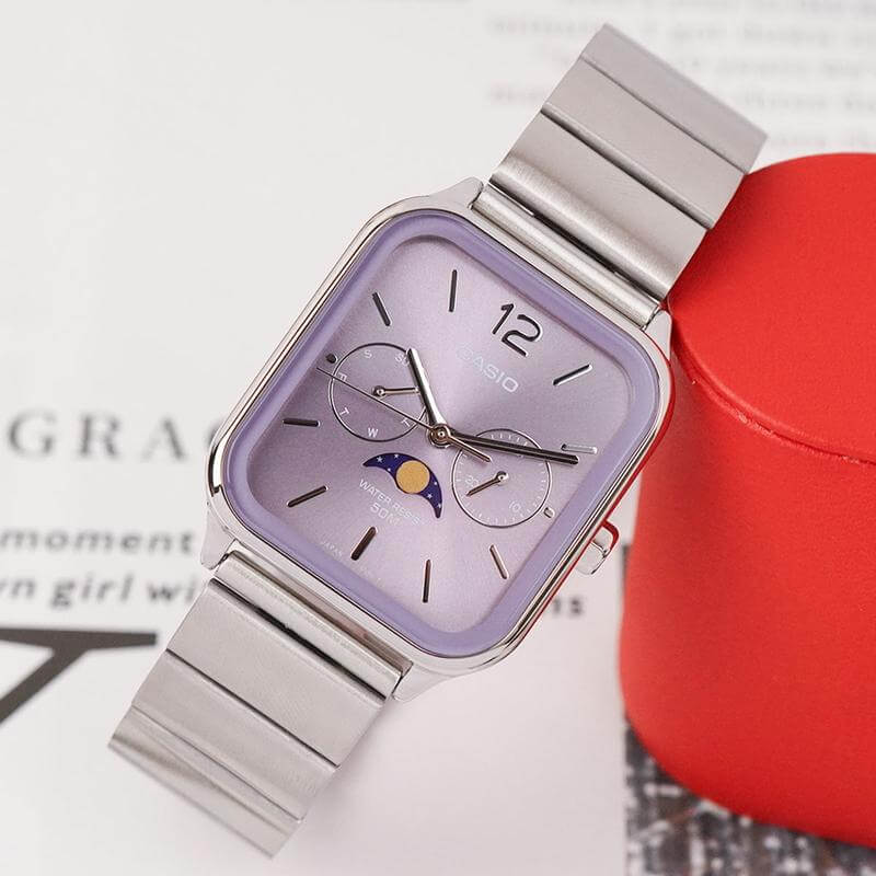 Casio – Phase de lune – très belle montre fond mauve – Tout en acier inoxydable – MTP-M305D-6AV