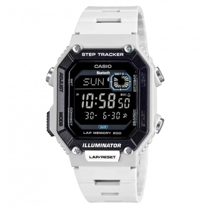 Casio – Montre digitale avec Bluetooth® pairing & affichage du nombre de pas effectués – Bracelet en résine blanc – WS-B1000-8BV