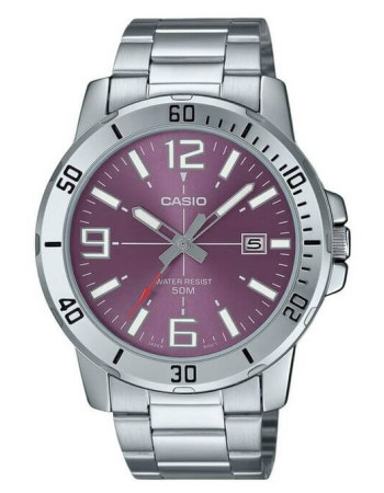 Casio – Argenté cadran mauve – Avec dateur & étanche 50 m – Tout en acier inoxydable – MTP-VD01D-6BVUDF