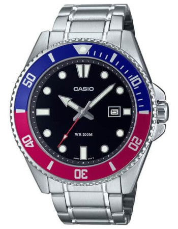 Casio – Étanche 200 m – Sous-marine cadran noir & lunette rotative bleu/grenat – Dateur & tout en acier inoxydable – MDV-107D-1A3V