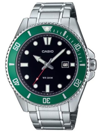 Casio – Montre pour hommes cadran noir & lunette rotative verte – Étanche 200 m – Dateur & tout en acier inoxydable – MDV-107D-3AV Casio – Montre pour hommes cadran noir & lunette rotative verte – Étanche 200 m – Dateur & tout en acier inoxydable – MDV-107D-3AV