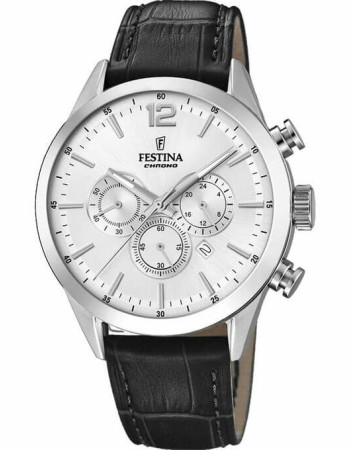 Festina – Chronographe pour hommes en fond blanc et bracelet cuir noir – Étanche 50 m – F20542/1