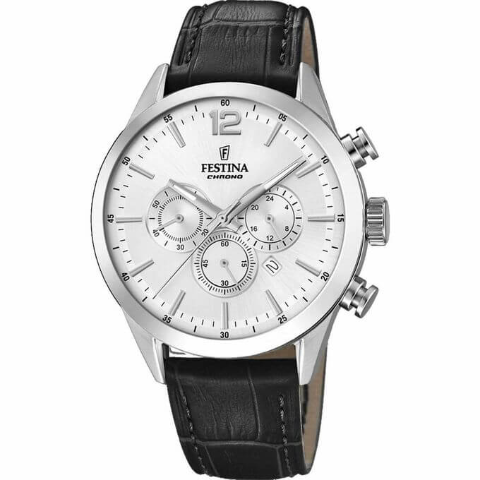 Festina – Chronographe pour hommes en fond blanc et bracelet cuir noir – Étanche 50 m – F20542/1