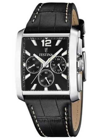 Festina – Modèle carré noir pour hommes – Bracelet cuir noir – Chronographe – F20636/4
