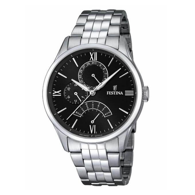Festina – Classique & élégante, Cadran noir avec dateur en petites secondes, Tout en acier inox – F16822/4