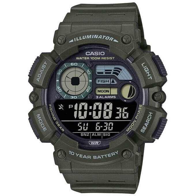 Casio – Montre numérique verte multifonction au design généreux et facile, Étanche 100 m – WS-1500H-3BV