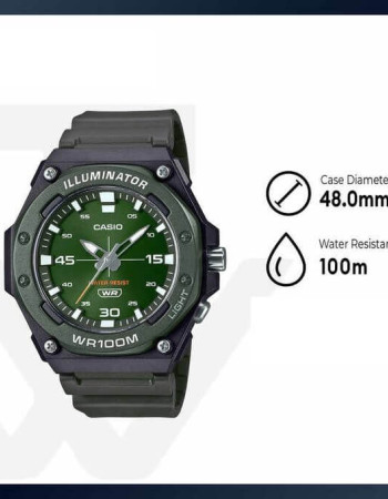 Casio – Cadran vert, Montre étanche 10 BAR avec bouton LED Light, Bracelet résine vert – MW-620H-3AV