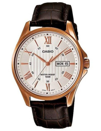 Casio – Bronze cadran blanc – Bracelet cuir marron – Avec dateur – MTP-1384L-7AVDF