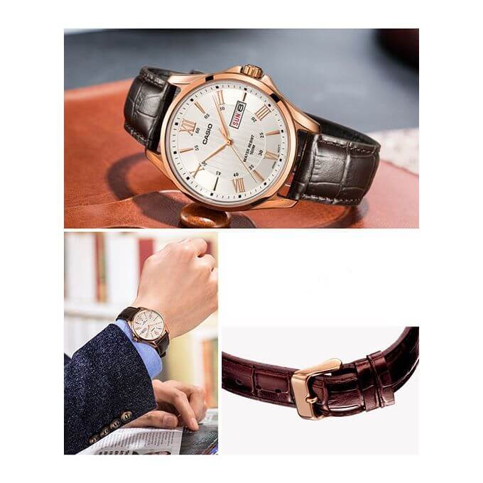 Casio – Bronze cadran blanc – Bracelet cuir marron – Avec dateur – MTP-1384L-7AVDF