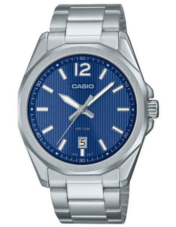 Casio – Cadran bleu & Dotée des motifs rayés & dateur sur 6h – Acier inoxydable – MTP-E725D-2AV