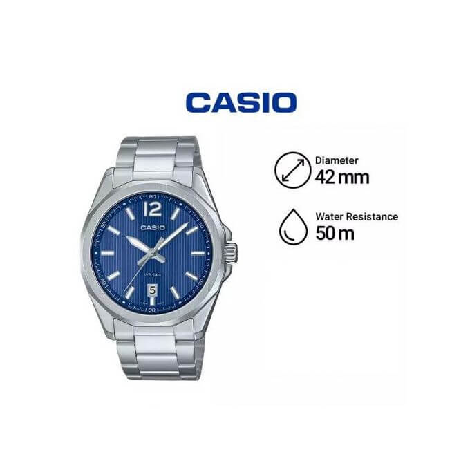 Casio – Cadran bleu & Dotée des motifs rayés & dateur sur 6h – Acier inoxydable – MTP-E725D-2AV