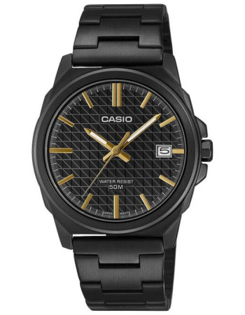 Casio – Cadran noir avec index doré – Affichage date sur 3h – Étanche 50 m – MTP-E720B-1AV