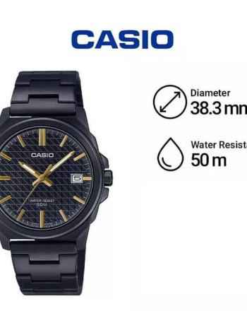 Casio – Cadran noir avec index doré – Affichage date sur 3h – Étanche 50 m – MTP-E720B-1AV