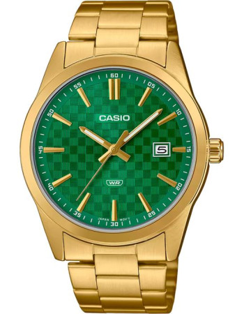 Casio – Fond vert pour hommes – Doré et tout en acier inoxydable – Dateur sur 3h – MTP-VD03G-3A