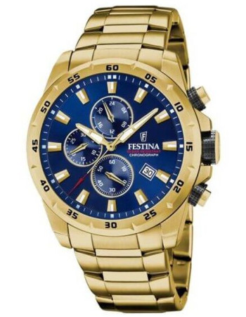 Festina – Cadran bleu foncé – Chronographe – Tout en acier plaqué or – Avec dateur – F20541/2