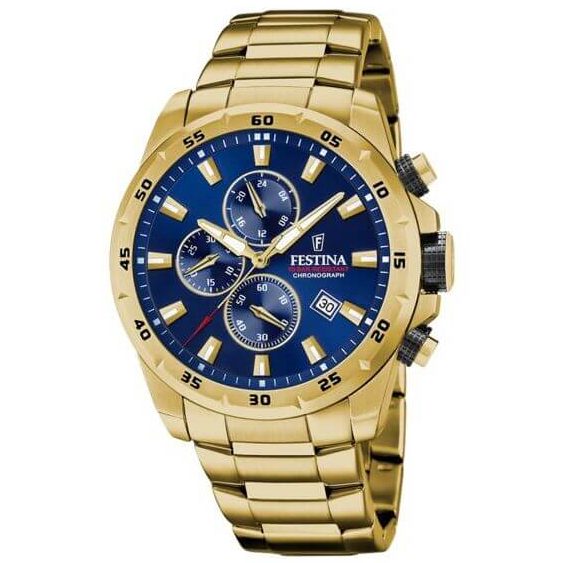 Festina – Cadran bleu foncé – Chronographe – Tout en acier plaqué or – Avec dateur – F20541/2
