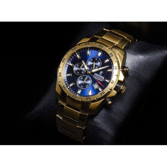 Festina – Cadran bleu foncé – Chronographe – Tout en acier plaqué or – Avec dateur – F20541/2