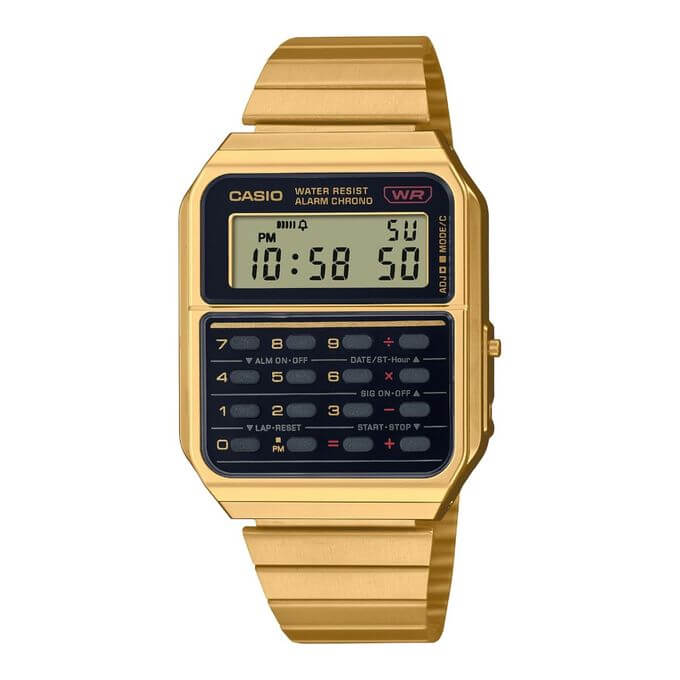 Casio – Montre vintage calculatrice en doré – Style des années 80 – Bracelet en acier – CA-500WEG-1A