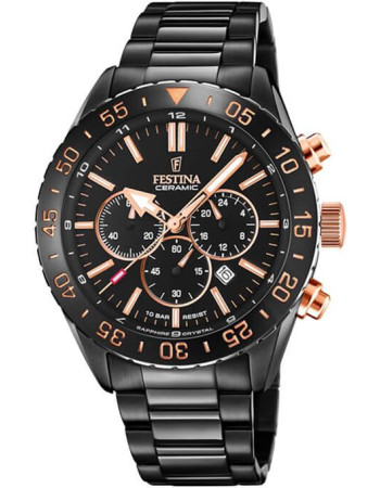 Festina – Boîtier en céramique noir – Verre saphir & Bracelet en acier noir – Étanche 100 m – F20577/1