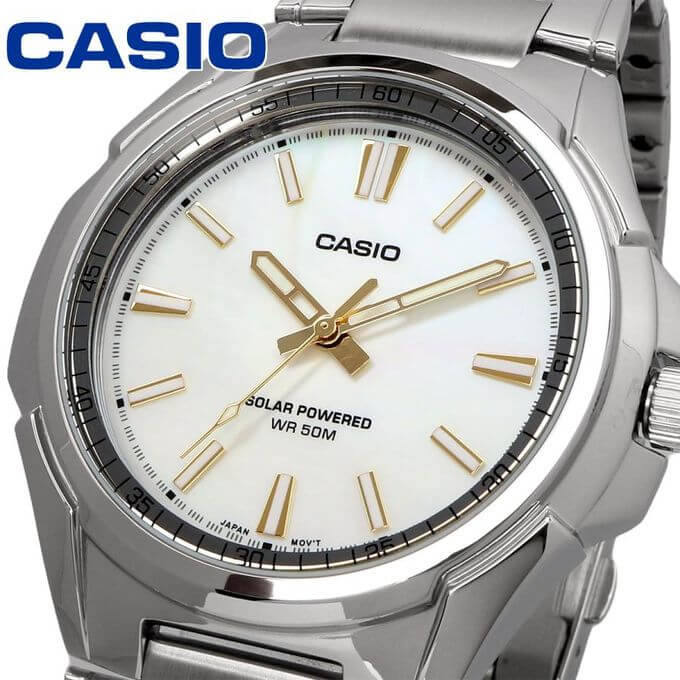 Casio – Montre masculine à énergie solaire, dotée d’un cadran nacré, Bracelet en acier – MTP-RS100S-7AVDF