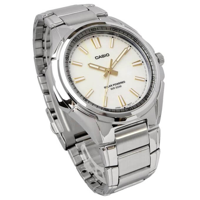 Casio – Montre masculine à énergie solaire, dotée d’un cadran nacré, Bracelet en acier – MTP-RS100S-7AVDF