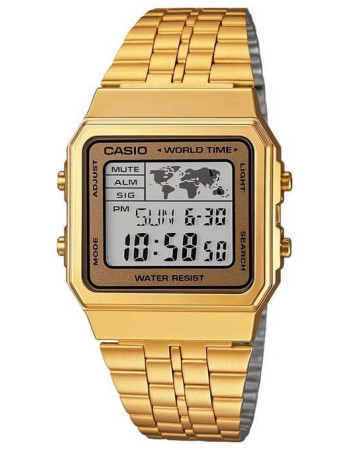 Casio – Affichage carte du monde – Digitale dorée – 5 alarmes – Bracelet en acier inoxydable – A500WGA-9DF